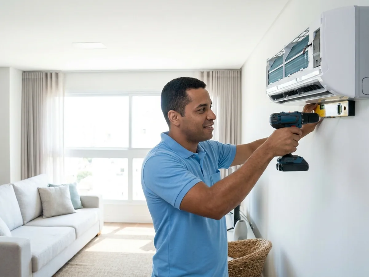 Técnico da Selei instalando ar-condicionado split em sala de estar em Goiânia